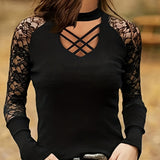 gbolsos  Lace Stitching Solid T-shirt, Sexy Criss Cross Long Sleeve Crew Neck T-shirt, Women's Clothing