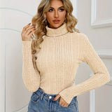 Ribbed Turtleneck T-Shirt, Casual Long Sleeve Top For Fall & Winter, Women's Clothing