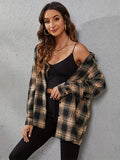 Casual Plaid Button Loose Blouses, Gingham V-neck Long Sleeve Fit Fashion Tops, Women's Clothing