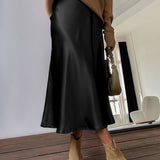 Retro Satin Maxi Skirts, Casual Solid High Waist Vintage Fashion Summer Skirts, Women's Clothing