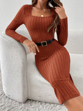 Ribbed Squared Neck Dress, Casual Long Sleeve Bodycon Dress, Women's Clothing