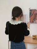 Contrast Lace Simple Blouse, Vintage V Neck Long Sleeve Blouse, Women's Clothing