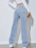 Light Blue Versatile Straight Jeans, Loose Fit Slash Pockets Baggy Denim Pants, Women's Denim Jeans & Clothing