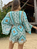 elveswallet  Bohemian Print Lace Up Waist Jumpsuit, Boho Long Sleeve V-neck Loose Jumpsuit, Women's Clothing