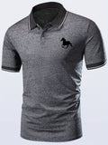 Horse Pattern Casual Slightly Stretch Button Front Short Sleeve Polo Shirt, Men's Clothes For Summer