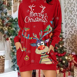 Christmas Print Casual Hoodie Dress Long Sleeve Hooded Dress