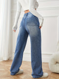 gbolsos  Blue Casual Wide Legs Jeans, Loose Fit Slash Pockets Straight Legs Mid Waist Denim Pants, Women's Denim Jeans & Clothing