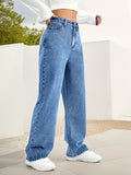 gbolsos  High Waist Versatile Straight Jeans, Loose Fit Slant Pockets Casual Denim Pants, Women's Denim Jeans & Clothing