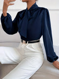 Solid Tie Neck Blouse, Elegant Long Lantern Sleeve Blouse For Spring & Fall, Women's Clothing