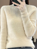gbolsos  Rhinestone Mock Neck Pullover Sweater, Casual Long Sleeve Stylish Versatile Sweater, Women's Clothing