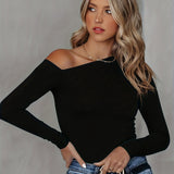 Solid Cold Shoulder T-Shirt, Casual Long Sleeve Top For Spring & Fall, Women's Clothing