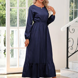 Elegant Crew Neck Draped Extra-long Dress, Casual Long Sleeve Solid Elastic Waist Ruffle Hem Party Long Dresses, Women's Clothing