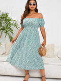 gbolsos  Plus Size Elegant Dress, Women's Plus Ditsy Floral Print Off Shoulder Shirred Nipped Waist Dress