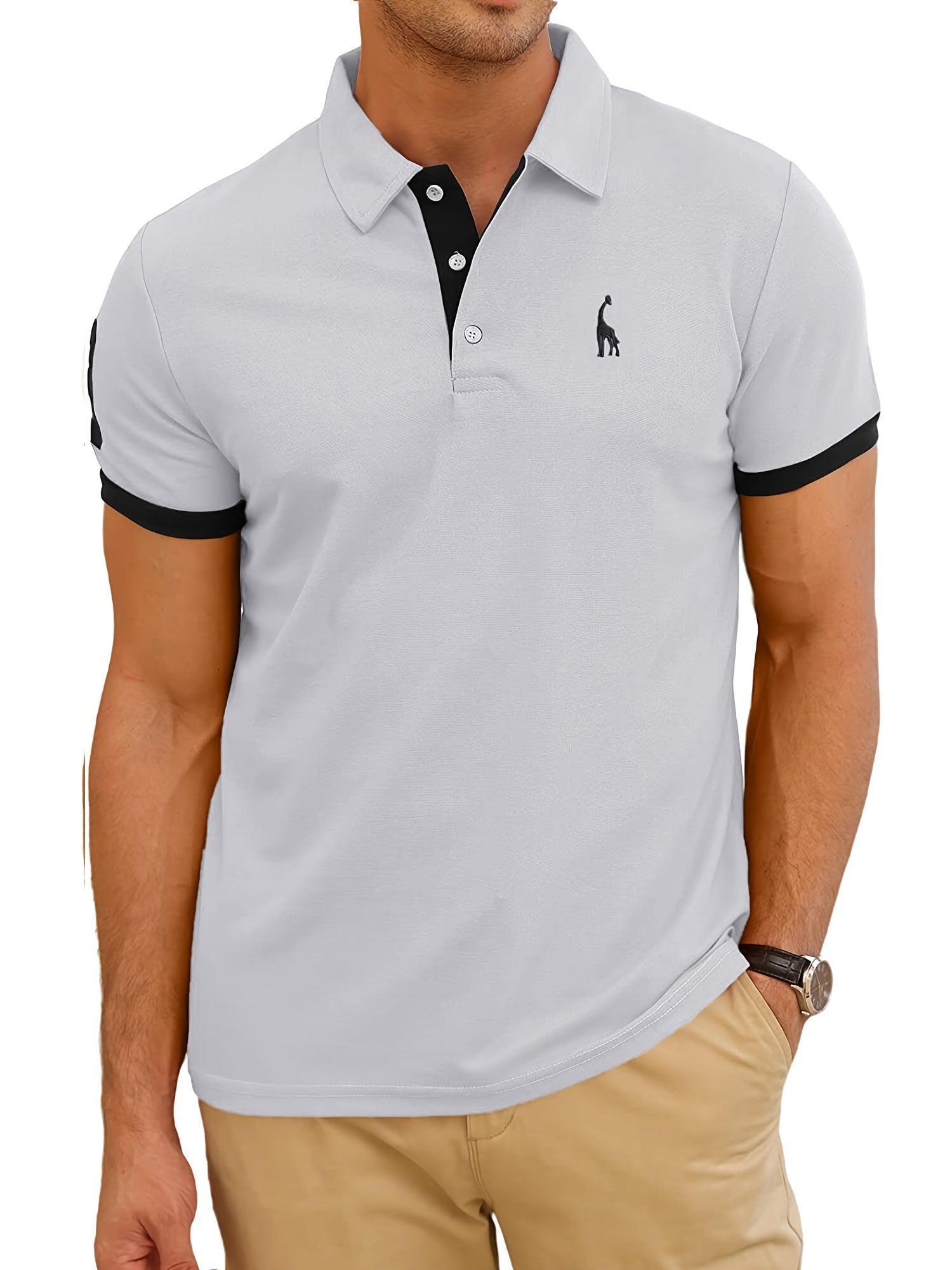 Men's Casual Slim Fit Embroidered Striped Polo Shirt