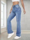 Light Blue Casual Bootcut Jeans, Mid-Stretch Slant Pockets High Waist Denim Pants, Women's Denim Jeans & Clothing