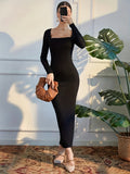 gbolsos  Squared Neck Bodycon Dress, Casual Long Sleeve Split Dress, Women's Clothing