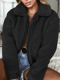 Plus Size Casual Coat, Women's Plus Solid Teddy Fleece Long Sleeve Zip Up Lapel Collar Coat