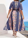 gbolsos  Plus Size Boho Dress, Women's Plus Random Print Flutter Sleeve Surplice Neck Maxi Dress With Belt