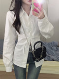 gbolsos  Solid Cross Tie Blouse, Casual Long Sleeve Blouse For Spring & Fall, Women's Clothing