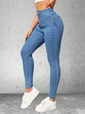 gbolsos  Blue Slant Pockets Skinny Jeans, Slim Fit High Stretch Tight Jeans, Women's Denim Jeans & Clothing