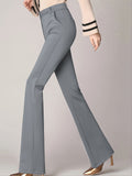 Long Flare Leg Pants, Casual High Waist Work Solid Elastic Pockets Fashion Pants, Women's Clothing