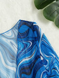 gbolsos  Blue Fluid Print Long Sleeve Cover Up, Soft Mesh Bow Tie Sun Protection Cardigan, Women's Swimwear & Clothing