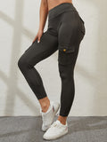 Cargo Leggings, Solid High Waist Casual Leggings For Spring & Fall, Women's Clothing