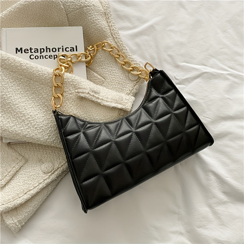 Trendy Argyle Quilted Shoulder Bag, PU Leather Solid Color Chain Handle Bag, Perfect Underarm Bag For Daily Use