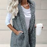 Solid Open Front Teddy Vest, Versatile Sleeveless Faux Fur Jacket For Fall & Winter, Women's Clothing