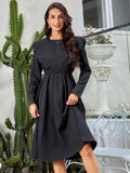 Solid Cinched Waist Midi Dress, Elegant Crew Neck Long Sleeve Dress, Women's Clothing