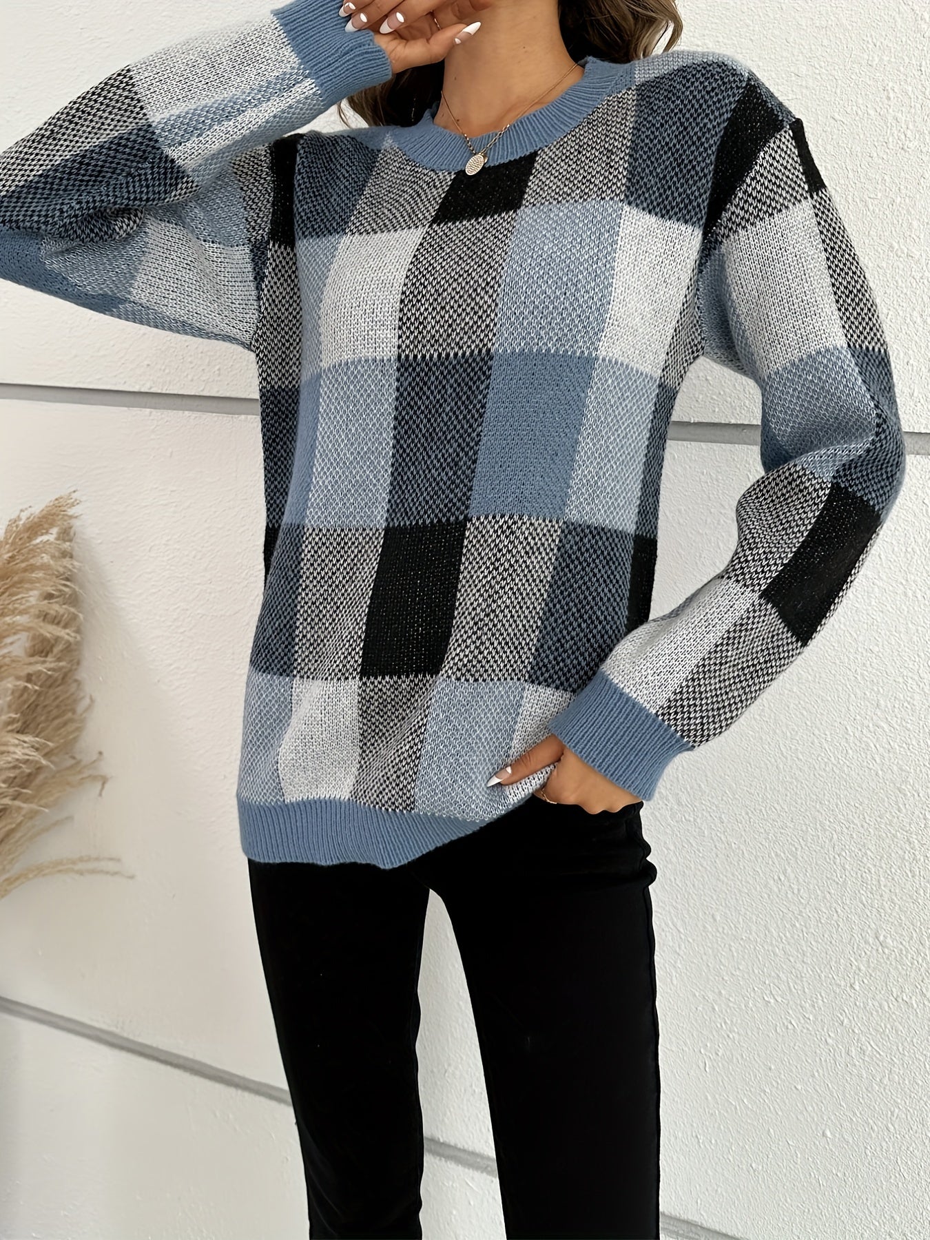 gbolsos  Plaid Pattern Crew Neck Pullover Sweater, Casual Long Sleeve Sweater For Fall & Winter, Women's Clothing