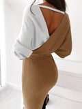 Color Block Backless Dress, Casual V Neck Long Sleeve Bodycon Dress, Women's Clothing