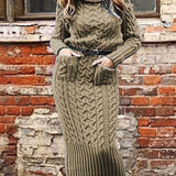 Solid Cable Knit Sweater Dress, Casual Turtleneck Long Sleeve Pocket Front Dress, Women's Clothing