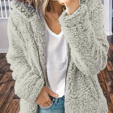 Plus Size Casual Winter Coat, Women's Plus Solid Zip Up Long Sleeve Hooded Teddy Coat