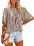 gbolsos  Casual Lace Flare Sleeve Blouse, Short Sleeve Crew Neck Solid Blouse, Casual Every Day Tops, Women's Clothing