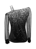 Mesh Stitching Cold Shoulder T-Shirt, Casual Long Sleeve Top For Spring & Fall, Women's Clothing