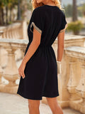 gbolsos  Lace Trim Drawstring Dress, Sexy V Neck Short Sleeve Dress, Women's Clothing