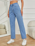 gbolsos  Light Blue Casual Straight Jeans, Non-Stretch Loose Fit Slash Pockets Denim Pants, Women's Denim Jeans & Clothing