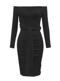 gbolsos  Ruched Solid Dress, Casual Off Shoulder Bodycon Long Sleeve Dress, Women's Clothing