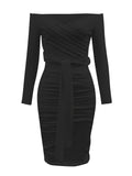 Ruched Solid Dress, Casual Off Shoulder Bodycon Long Sleeve Dress, Women's Clothing