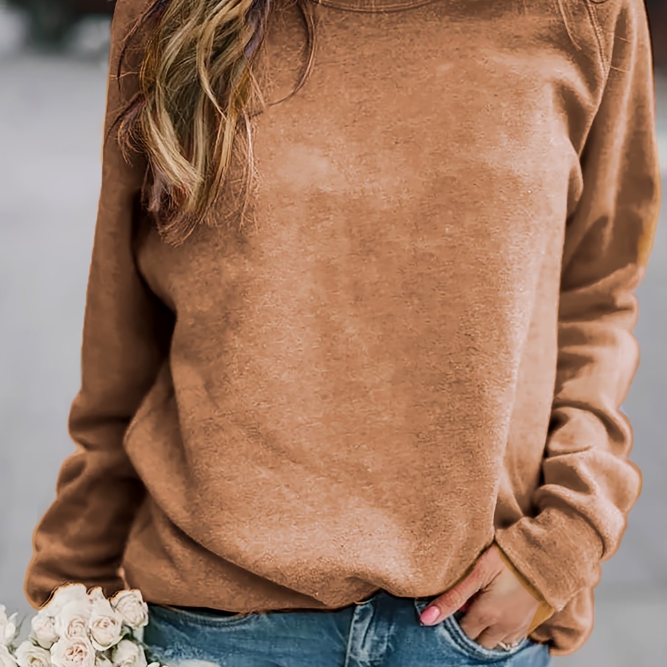 gbolsos  Solid Pullover Sweatshirt, Long Sleeve Crew Neck Sweatshirt, Casual Tops For Fall & Winter, Women's Clothing