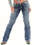 gbolsos  Blue Loose Fit Straight Jeans, Slash Pockets Casual Denim Pants, Women's Denim Jeans & Clothing