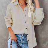 Solid Drop Shoulder Shirt, Casual Button Front Long Sleeve Shirt, Women's Clothing