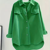 Solid Button Front Corduroy Shirt, Versatile Long Sleeve Loose Shirt For Spring & Fall, Women's Clothing