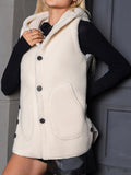 Solid Hooded Teddy Vest, Casual Button Front Sleeveless Warm Outerwear, Women's Clothing