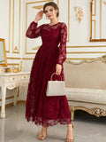 gbolsos  Contrast Lace Crew Neck A-line Dress, Elegant Long Sleeve Dress For Party & Banquet, Women's Clothing