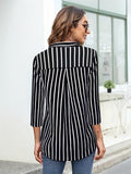 Striped Zipper Blouse, Casual 3/4 Sleeve Stand Collar Blouse, Women's Clothing