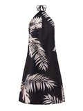 Tropical Print Halter Neck Dress, Vacation Sleeveless Summer Dress, Women's Clothing