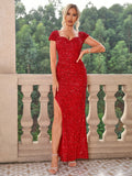 gbolsos  Sequined Split Thigh Dress, Elegant Maxi Dress For Party & Banquet, Women's Clothing