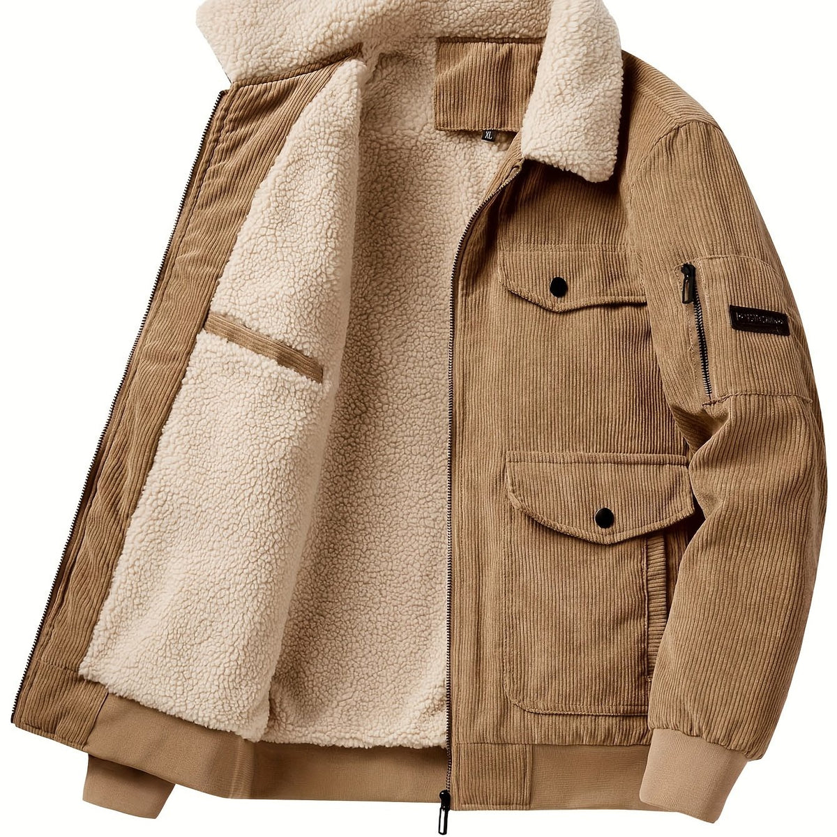 Men's Trendy Corduroy Jacket, Casual Lapel Zip Up Warm Fleece Coat For Outdoor Fall Winter